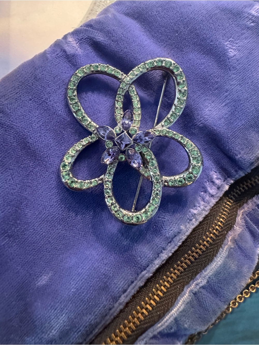 Givenchy Crystal Flower Brooch Pin in Teal and Purple
